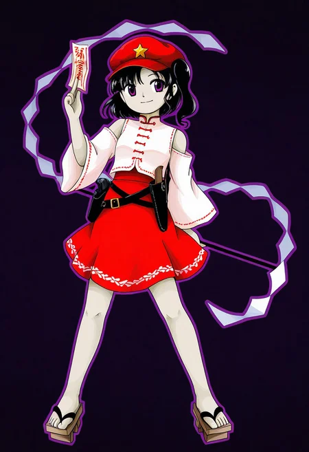 watercolor, aesthetic, colorful, jaggy lines, zun \(style\), BREAK, 1girl, ((dipplabelgirl), side ponytail, red cabbie hat, star hat ornament, white vest, mandarin collar, bow, wide sleeves, red skirt, bare shoulders, purple eyes, black hair, geta, leather hip holster, pistol in holster), holding gohei, standing, posing, confident, holding white Ofuda, full body, dark background, glowing eyes, digital background, blocky background, simple background, purple monochrome, purple outline, jaggy lines, foreshortening