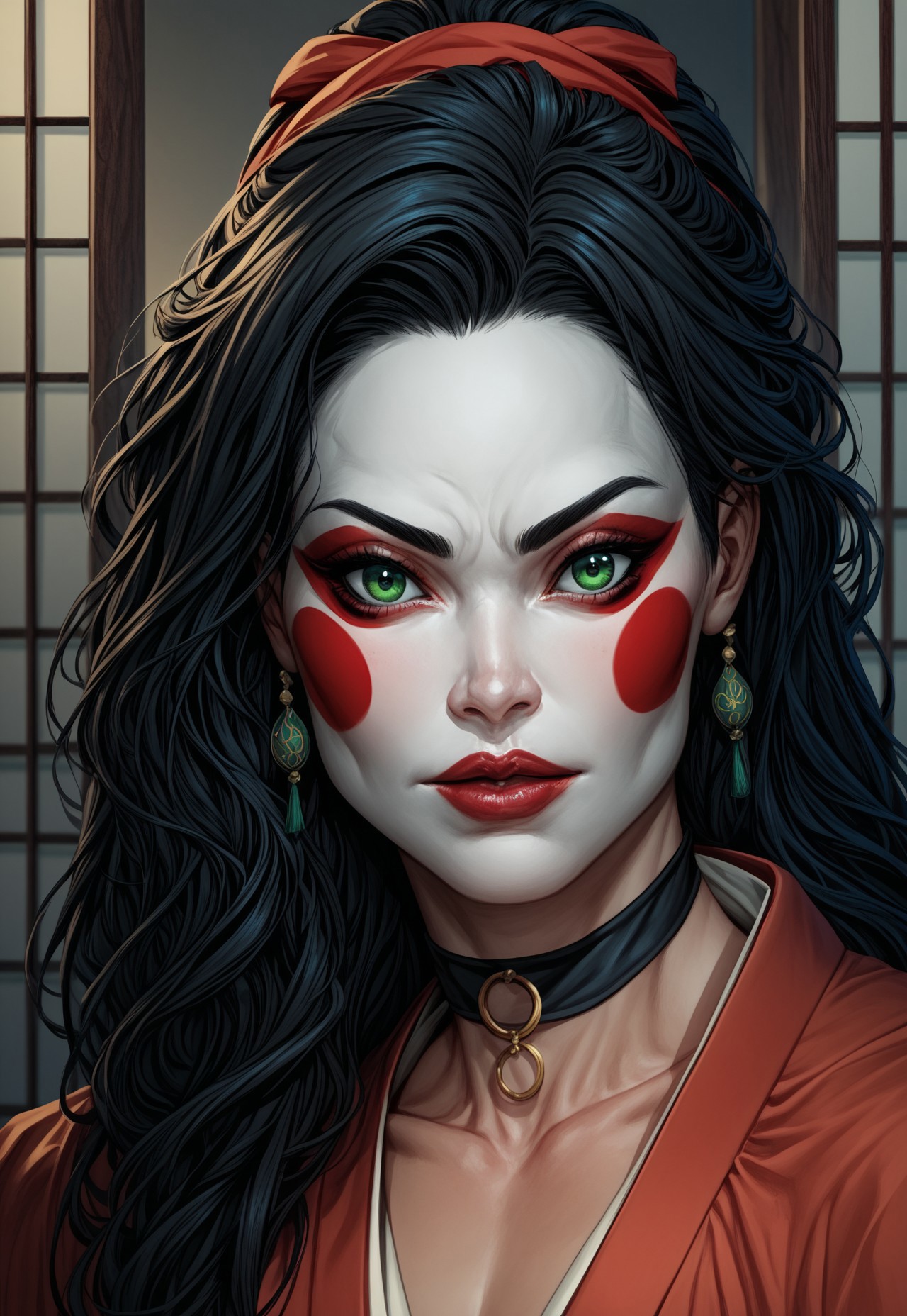 PonyXLV6_Scores ,  SUP3RH3R0 Style, 1girl, solo, makeup, black hair, green eyes, geisha makeup, white face paint, lipstick, portrait, lips, choker, long hair, looking at viewer, red headband, red kimono, japanese clothing,  comic art style