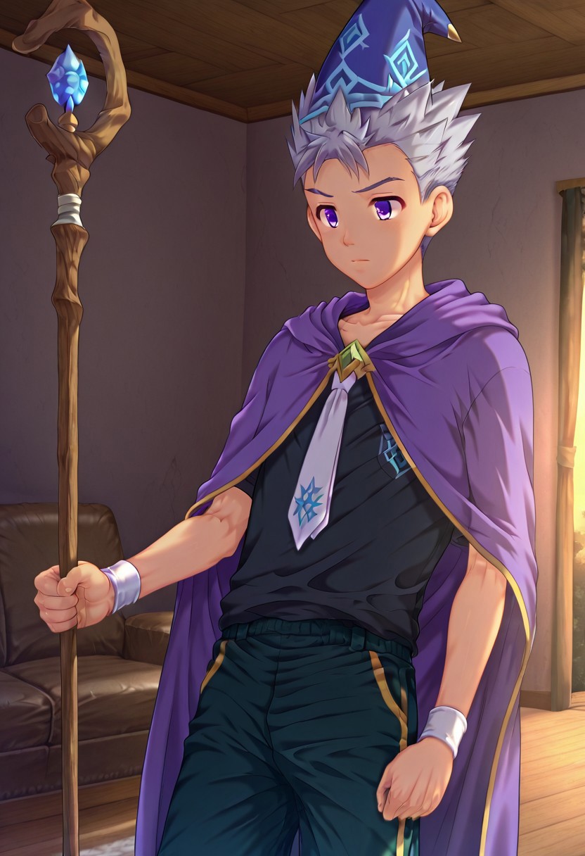 shizuki_takeyo, grey hair, light purple eyes, short hair, spiked hair, teen, young male, 1boy, solo, male focus, large blue wizard hat with white band, long purple cloak with jagged dark yellow trim, black shirt and white tie, tall wooden staff topped with a diamond, perfect hands, perfect eyes, highly detailed, cinematic style, dramatic lighting, detailed draw, detailed eyes, high quality, best quality, high definition
