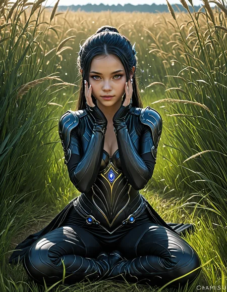 ethereal fantasy concept art of  a woman in a black outfit sitting in a field with her hands on her face and a gun in her hand [22],soft cinematic lighting,ultra detailed,<lora:Mitsu-Cyberpunk:1>,Ai-Mitsu,cyberpunk art,<lora:Princess-SDXL:1>,Charlie Bowater princess,realistic,hyper-detailed, . magnificent, celestial, ethereal, painterly, epic, majestic, magical, fantasy art, cover art, dreamy