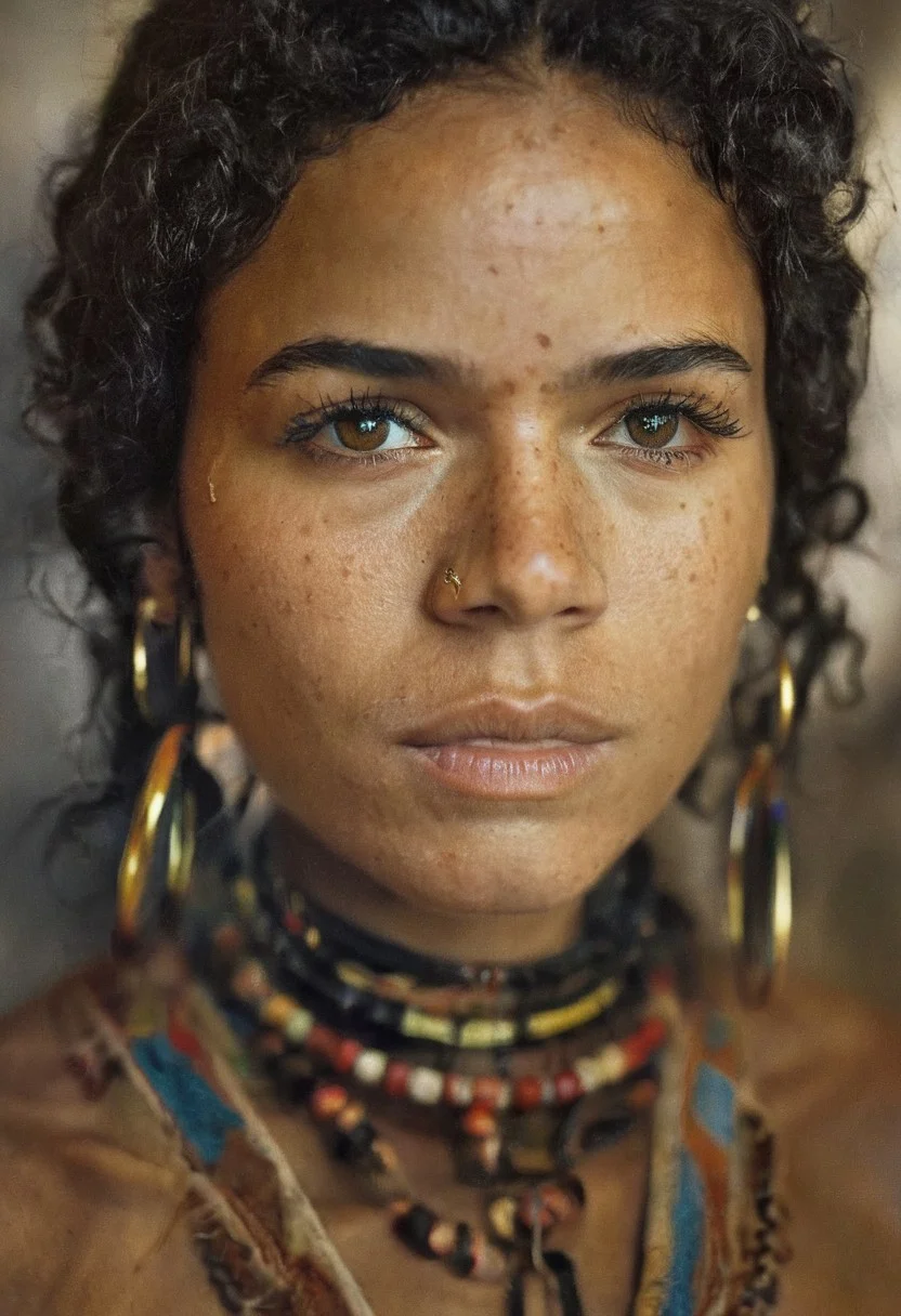 Photography in (stvmccrr style), a young African woman with striking amber eyes, cultural portrait, curly black hair, seven hoop earrings in one ear, medieval leather, rogue clothing and lowered hood, rich colors, analog film, film grain, kodachrome, intricate details, insanely detailed, natural lighting, 8k, hdr, masterpiece, award winning photography, Fine art photography style, film photography style, freckles, medieval fantasy background