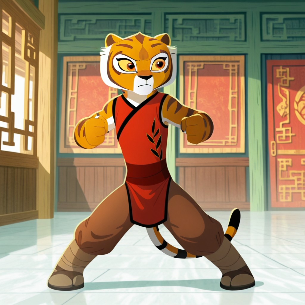 masterpiece, best quality, amazing quality, tigressILv2, anthro, female tiger, orange fur, orange eyes, yellow sclera, red vest black trim, sleeveless, brown pants, leg wraps, sandals,  Chinese clothing, inside, standing, solo, fighting stance, flat chest, <lora:a136ba7e-ada8-49aa-8639-9e021fc34466:1.0>