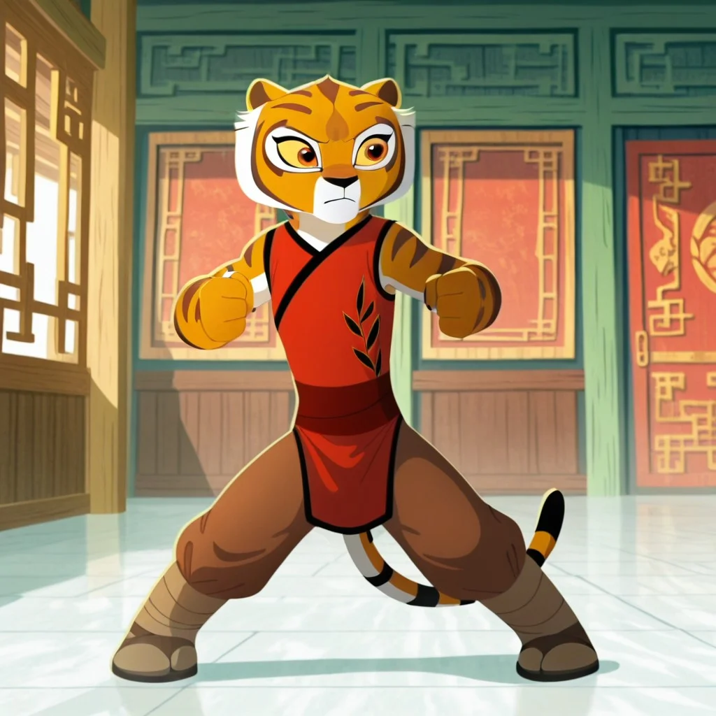 masterpiece, best quality, amazing quality, tigressILv2, anthro, female tiger, orange fur, orange eyes, yellow sclera, red vest black trim, sleeveless, brown pants, leg wraps, sandals, Chinese clothing, inside, standing, solo, fighting stance, flat chest, <lora:a136ba7e-ada8-49aa-8639-9e021fc34466:1.0>