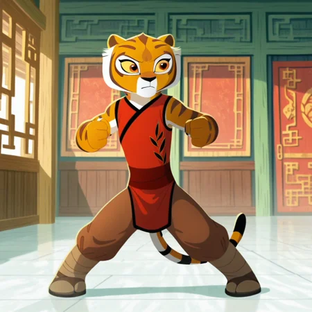 masterpiece, best quality, amazing quality, tigressILv2, anthro, female tiger, orange fur, orange eyes, yellow sclera, red vest black trim, sleeveless, brown pants, leg wraps, sandals, Chinese clothing, inside, standing, solo, fighting stance, flat chest, <lora:a136ba7e-ada8-49aa-8639-9e021fc34466:1.0>