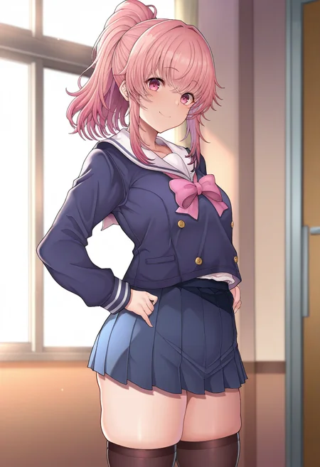 masterpiece, best quality,
<lora:Tawara_Hiryuu:1> T4w4r4H1ry00, 1girl, solo,standing,looking at viewer, happy, closed mouth,pink hair, ponytail, pink eyes,school uniform, bow, long sleeves, skirt, skindentation, thighhighs,