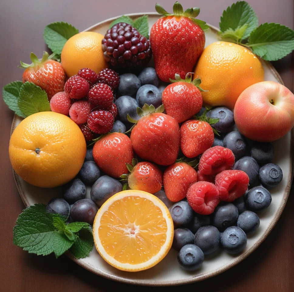 fruit photography,the image shows a plate filled with a variety of fruits,including strawberries,blueberries,and oranges,as well as some leaves. the background is slightly blurred,giving the plate and its contents the focus of the image.,<lora:æ°´æ-000005:0.6>,