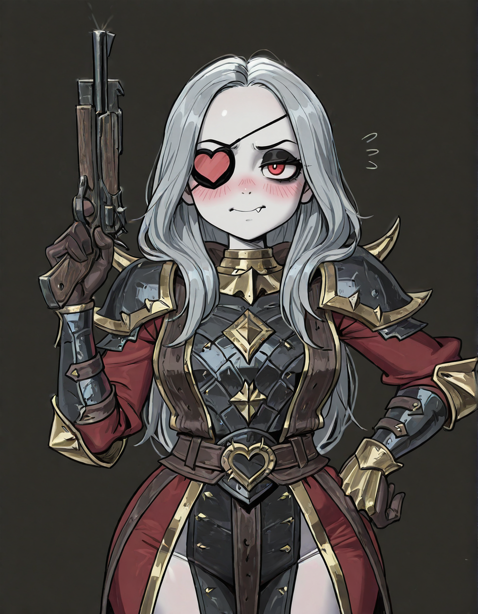 (2D,masterpiece,best quality,amazing quality, high resolution,looking at viewer,ultra-detailed,1 girl,solo,source_anime,cute,curvy,lovely,straight-on,from front,Simple black background),Luthor Harkon,pale skin,red eyes,(heart eyepatch:1.2),gray hair,armor,holding gun,gloves, forehead,narrowed eyes,Shortstack,one hand on hip,blushing,shy face,embarrassed, blush, fang,black eyeshadow,long hair,<lora:Luthor_Harkon:0.9>, <lora:ValbunStyle-IL:0.8>