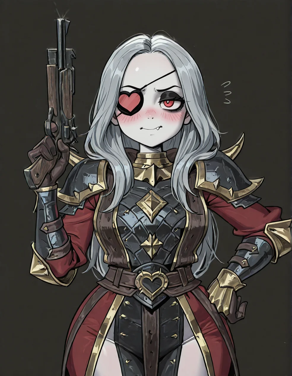(2D,masterpiece,best quality,amazing quality, high resolution,looking at viewer,ultra-detailed,1 girl,solo,source_anime,cute,curvy,lovely,straight-on,from front,Simple black background),Luthor Harkon,pale skin,red eyes,(heart eyepatch:1.2),gray hair,armor,holding gun,gloves, forehead,narrowed eyes,Shortstack,one hand on hip,blushing,shy face,embarrassed, blush, fang,black eyeshadow,long hair,<lora:Luthor_Harkon:0.9>, <lora:ValbunStyle-IL:0.8>