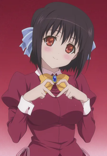 anime screencap, anime coloring, <lora:DX888Tomomi:1> saikyou tomomi, red eyes, black hair, short hair BREAK simple background, red background, (honeycomb background:1.2), BREAK hair ribbon, school uniform, bow, brooch, puffy sleeves, long sleeves, red skirt BREAK 1girl, blush, breasts, hands up, (head tilt:1.2), heart hands, looking at viewer, portrait, solo, upper body, 4-finger heart hands, smile
