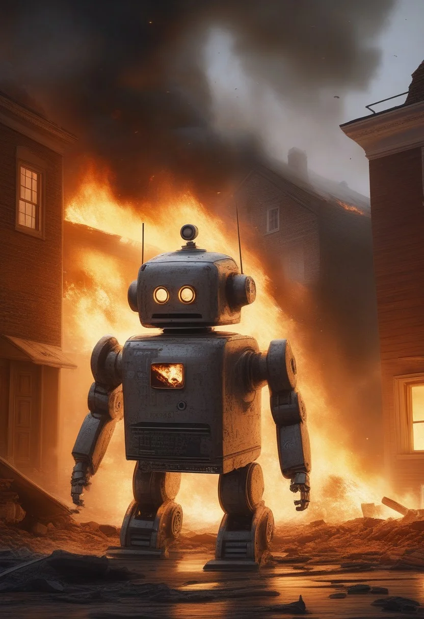 high quality, masterpiece, ultra detailed,
a ( mini robot) stands outside a burning house, burning house, collapsed buildings, meteorite, realistc, city, ultra realistic, a monologue bubble with the text "again?"
