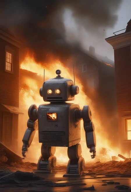 high quality, masterpiece, ultra detailed,
a ( mini robot) stands outside a burning house, burning house, collapsed buildings, meteorite, realistc, city, ultra realistic, a monologue bubble with the text "again?"