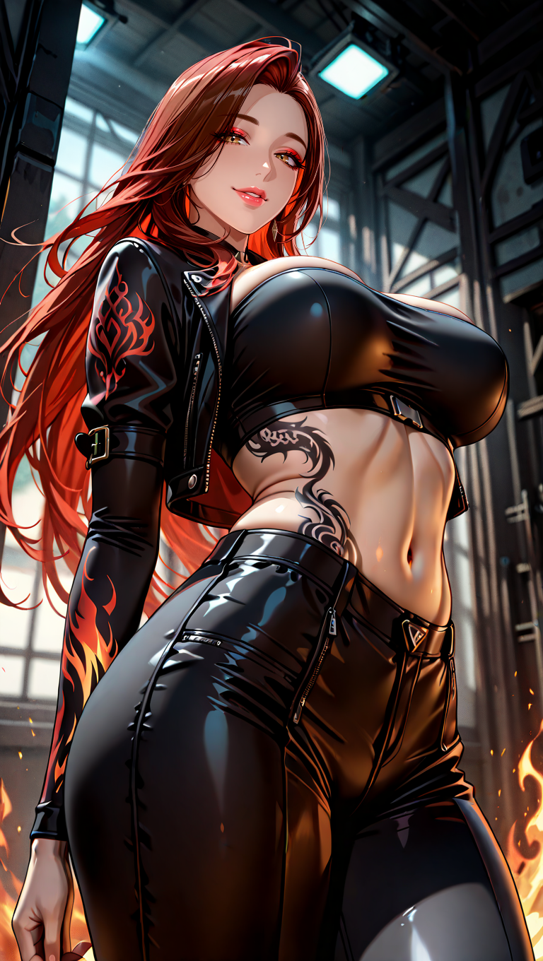 best, quality, masterpiece, amazing quality, very aesthetic, high resolution, ultra-detailed, depth of field, volumetric lighting, highly detailed, 8k, newest, BREAK, absurdres,solo,masterpiece ,best quality,1girl,looking_at_viewer,,long-hair,forehead,two_tone_hair,smiling, tube_top,cropped_jacket,armsleeves,red_hair,midriff_tattoo,flame_tattoo,midriff,navel,(wide midriff:1.0), thick,viewed_from_below,bodybuilder,beefy,(muscular_body:1.0),wide hips,(wide_waist:1.0) midriff focus,ultra-detailed ,finely detailed ,high resolution ,perfect dynamic composition ,detailed eyes ,cinematic lighting ,detailed background ,depth of fields ,perfect proportion ,harmonious composition, high quality,4k,baddie