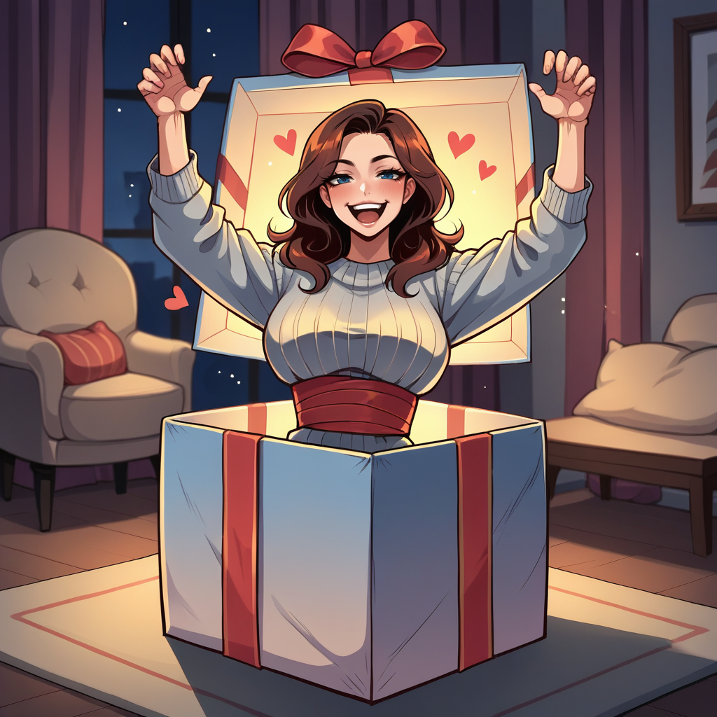 score_9, score_8_up, score_7_up, score_6_up, score_5_up, score_4_up, zPDXL2,source_anime,rating_questionable,   indoors, 1girl, looking at viewer, half-lidded eyes, wearing gift wrap, hearts, Yor Forger      <lora:Present_Box:0.8> pr3s3nt, gift box, looking at viewer, in container, waist up, night time, arms up, excited, happy, cheering