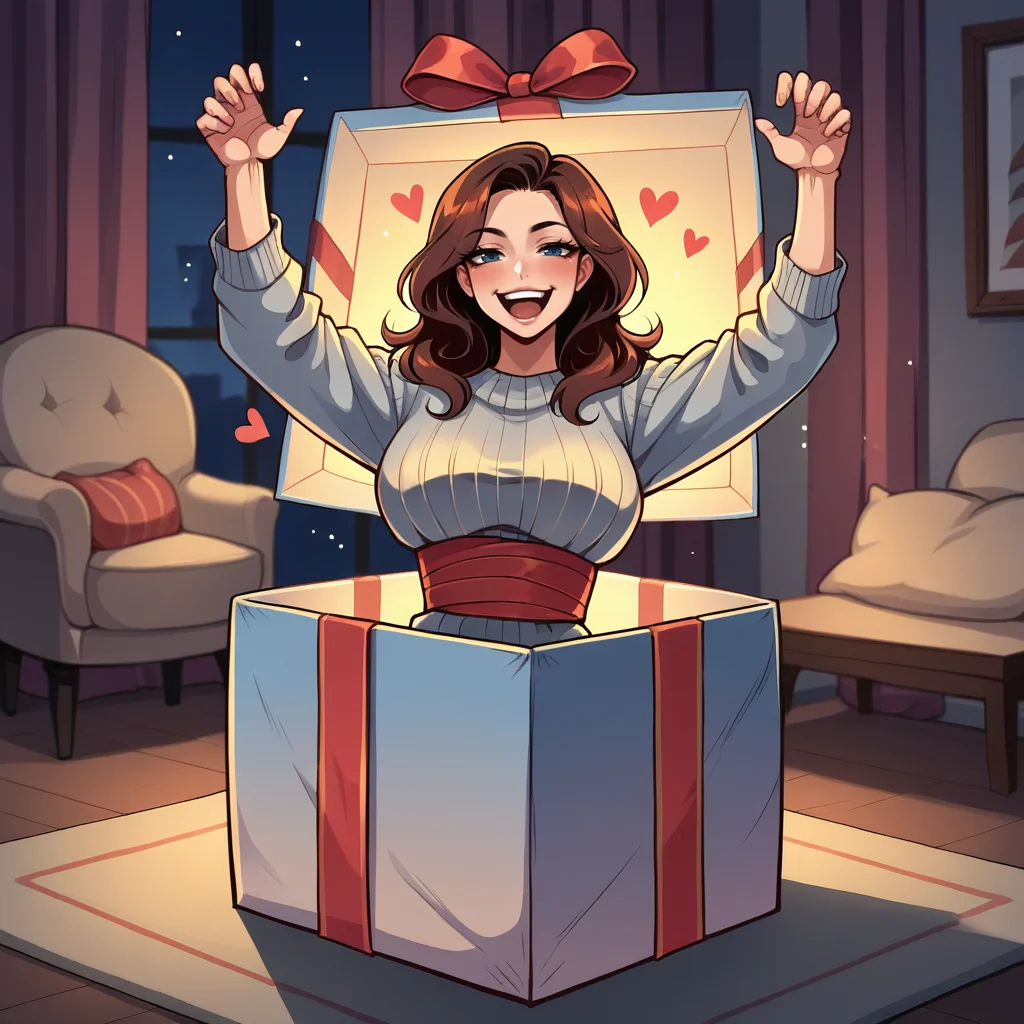 score_9, score_8_up, score_7_up, score_6_up, score_5_up, score_4_up, zPDXL2,source_anime,rating_questionable, indoors, 1girl, looking at viewer, half-lidded eyes, wearing gift wrap, hearts, Yor Forger <lora:Present_Box:0.8> pr3s3nt, gift box, looking at viewer, in container, waist up, night time, arms up, excited, happy, cheering
