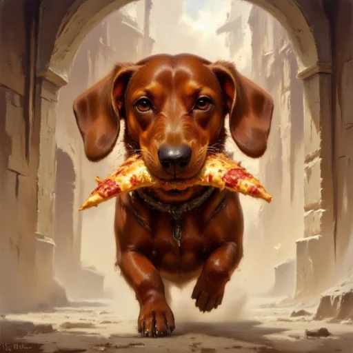 DFOP-V1.0 style oil painting that features a dachshund running away with a big slice of pizza in his mouth