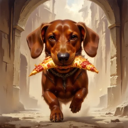 DFOP-V1.0 style oil painting that features a dachshund running away with a big slice of pizza in his mouth