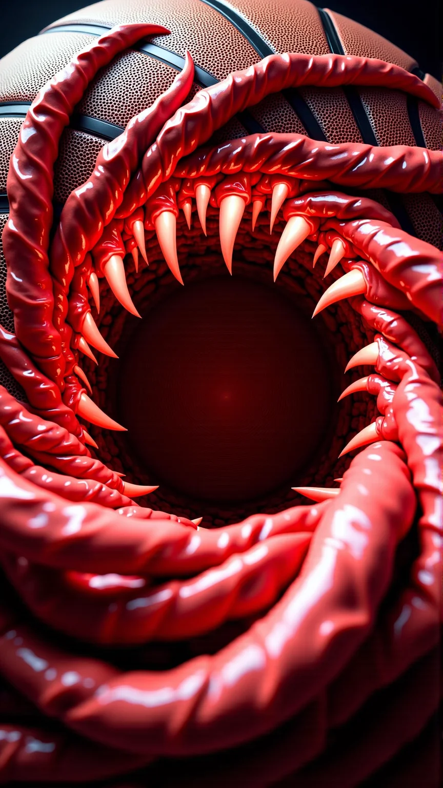 A realistic photo, dark style, atmospheric, of a CarnageStyle red bloody gore spiral Basketball, scary mouth, NSFW<lora:DarkmosphericFlux:0.5>photography,close-up shot,eye-level angle,shallow depth of field,broad light,Rectangular (Tetradic) color palette,colorful,(selfie:1.1),shot on Olympus OM-D E-M1 Mark III with M.Zuiko 12-40mm f-2.8 <lora:CarnageStyleFlux:1>