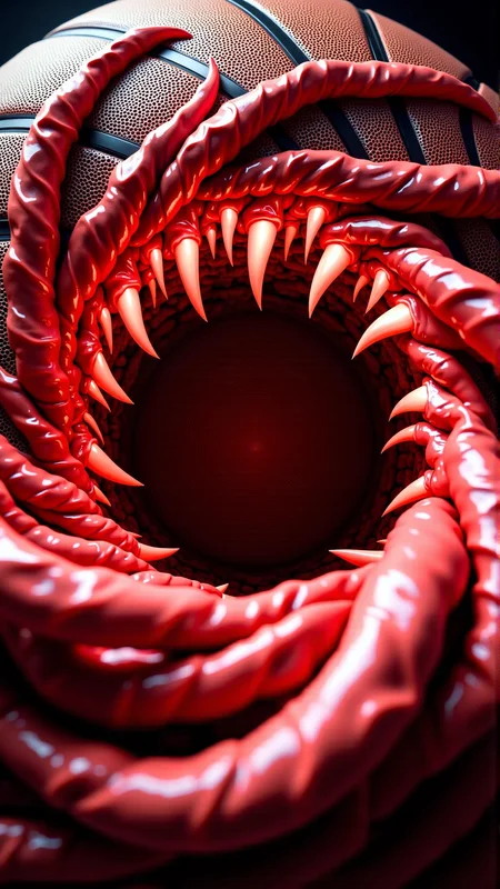 A realistic photo, dark style, atmospheric, of a CarnageStyle red bloody gore spiral Basketball, scary mouth, NSFW<lora:DarkmosphericFlux:0.5>photography,close-up shot,eye-level angle,shallow depth of field,broad light,Rectangular (Tetradic) color palette,colorful,(selfie:1.1),shot on Olympus OM-D E-M1 Mark III with M.Zuiko 12-40mm f-2.8 <lora:CarnageStyleFlux:1>