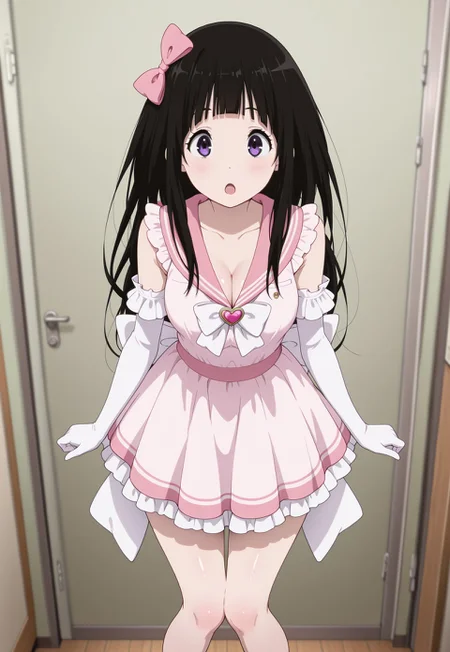 soft_skin,shiny_skin,,,masterpiece,extremely detailed,best quality,amazing quality,newest,absurdres,highres, 1girl , solo, eru chitanda, chitanda eru, long hair, black hair, bangs, blunt bangs, purple eyes, hair_bow, pale pink short dress, pink_sailor_collar,  cleavage, sleeveless, frilled_sleeves, elbow gloves,  heartbrooch, huge white back bow reaching knees , pink_miniskirt,  petticoat,, open mouth, knees together feet apart,standing, ,arms_at_sides