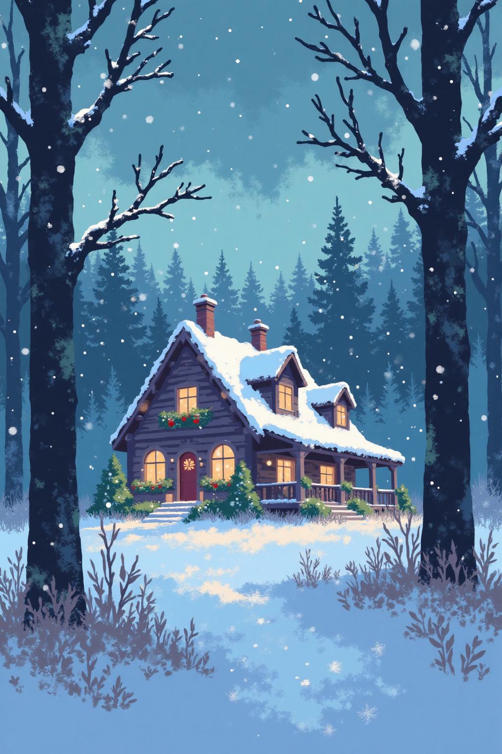 i11ustmin a beautiful house at christmas, snowing, forest background <lora:minimalist_flat_illustration_nbm:1.0><lora:797681538612391279:0>
