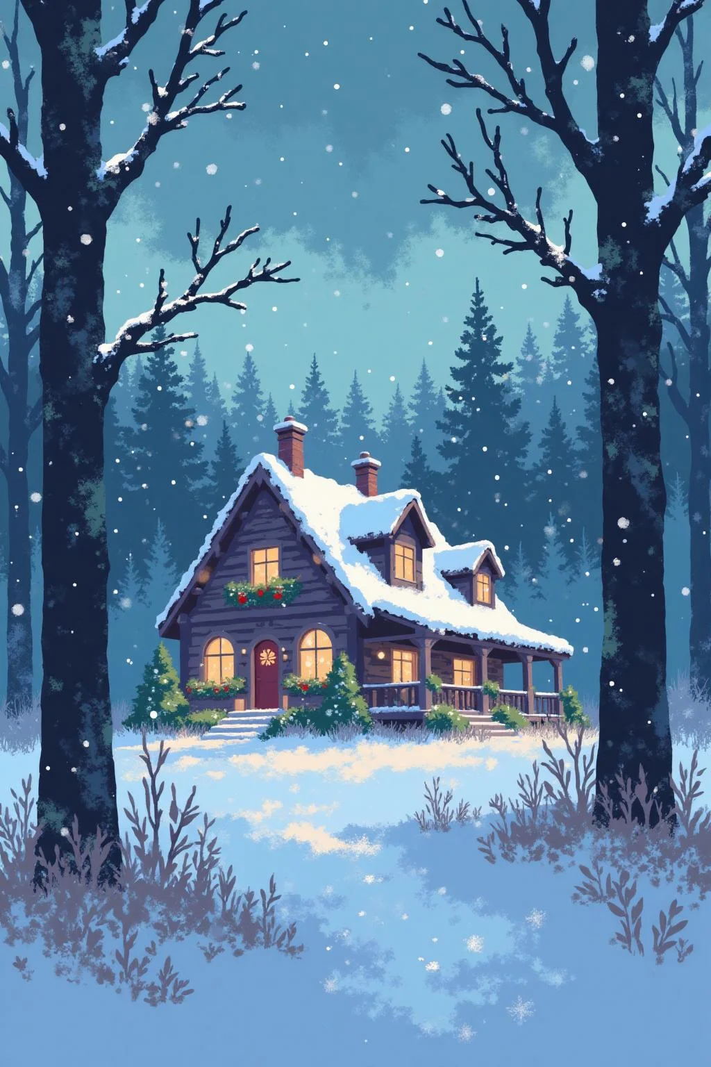 i11ustmin a beautiful house at christmas, snowing, forest background <lora:minimalist_flat_illustration_nbm:1.0><lora:797681538612391279:0>