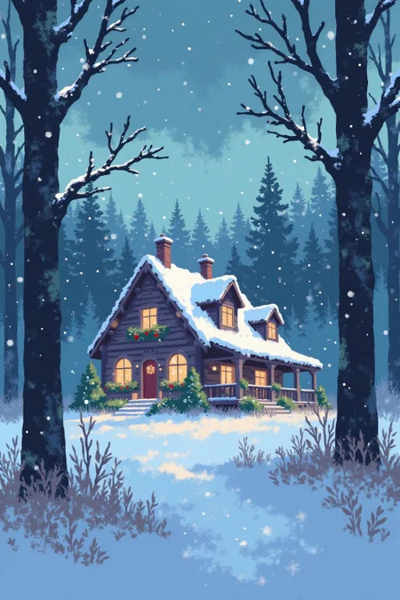 i11ustmin a beautiful house at christmas, snowing, forest background <lora:minimalist_flat_illustration_nbm:1.0><lora:797681538612391279:0>