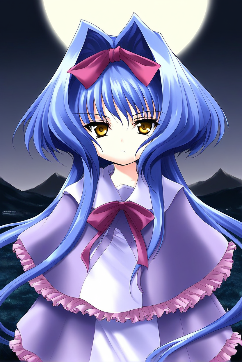 score_9, score_8_up, score_7_up, source_anime, rating_explicit, BREAK  <lora:Shion_IES_Ver2.0_XL:1> Shion_IES, very long hair, blue hair, hair bow, hair intakes, brown eyes, short stack,
 solo, bow, upper body, capelet, frills, yellow eyes, hair ribbon, looking at viewer,
serious face,
full moon, night, scenery, sky, outdoors, night sky, mountain, nature
