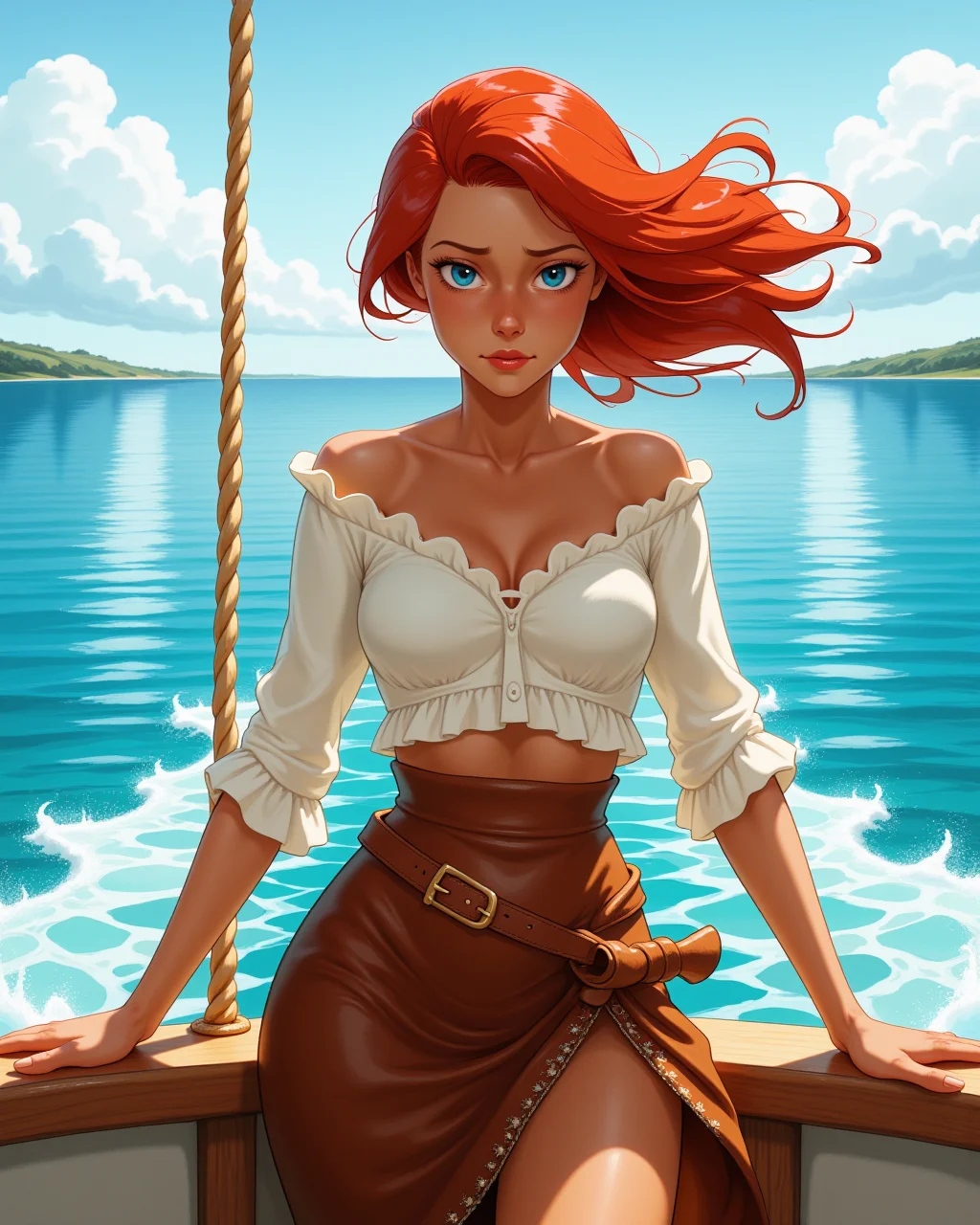 cowboy shot, looking at viewer, outdoors daylight, Disappointed with slumped shoulders, a downcast gaze, and a faint sigh of regret.
A woman grips a thick rope on the side of a boat as it cuts through the sparkling blue water, the wind whipping through her hair as she watches the vast ocean stretch out in all directions. in a dynamic pose
<lora:Disney_-_Ariel_v2-000030:1> d-ariel a 20 year old adult woman with blue eyes and red hair. Leather asymmetrical wrap skirt, trimmed with shimmering beadwork at the hem, closed with a buckled strap at the hip, and lined with soft suede for comfort