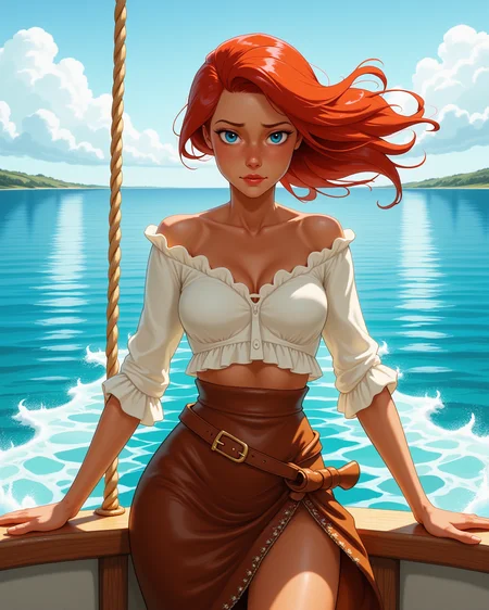 cowboy shot, looking at viewer, outdoors daylight, Disappointed with slumped shoulders, a downcast gaze, and a faint sigh of regret.
A woman grips a thick rope on the side of a boat as it cuts through the sparkling blue water, the wind whipping through her hair as she watches the vast ocean stretch out in all directions. in a dynamic pose
<lora:Disney_-_Ariel_v2-000030:1> d-ariel a 20 year old adult woman with blue eyes and red hair. Leather asymmetrical wrap skirt, trimmed with shimmering beadwork at the hem, closed with a buckled strap at the hip, and lined with soft suede for comfort