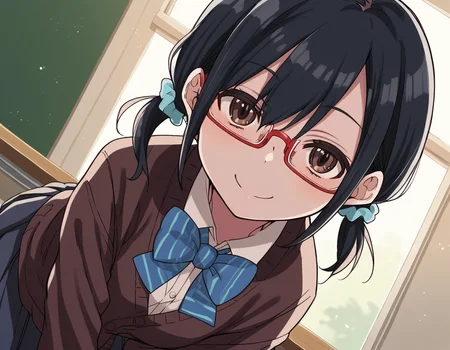 score_9, score_8_up, score_7_up, source_anime,
shihosayama, <lora:shiho-sayama-manga-ponyxl-lora-nochekaiser:1>,
shiho sayama, black hair, brown eyes, glasses, twintails, short hair, scrunchie, hair scrunchie, red-framed eyewear,
skirt, shirt, long sleeves, bow, school uniform, pleated skirt, shoes, socks, bowtie, blue bow, cardigan,
indoors, classroom, bent over, smile,
looking at viewer, solo, cowboy shot, dutch angle,