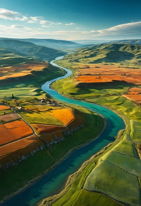High altitude aerial view showcasing a sprawling rustic countryside featuring rolling emerald hills, meandering silver rivers, and scattered ancient stone hamlets amid amber fields. Dramatic atmospheric lighting complements expansive composition with intricate land textures and a rich, evocative color palette of warm burnt oranges, deep greens, and soft sky blues. Cinematic framing, hyper-detailed, 8k masterpiece quality rendering accentuates vintage pastoral charm and timeless natural elegance. An intricate interplay of delicate shadows and finely rendered elements, showcasing spatial dynamics and majestic scale in a surreal yet serene rural panorama.
