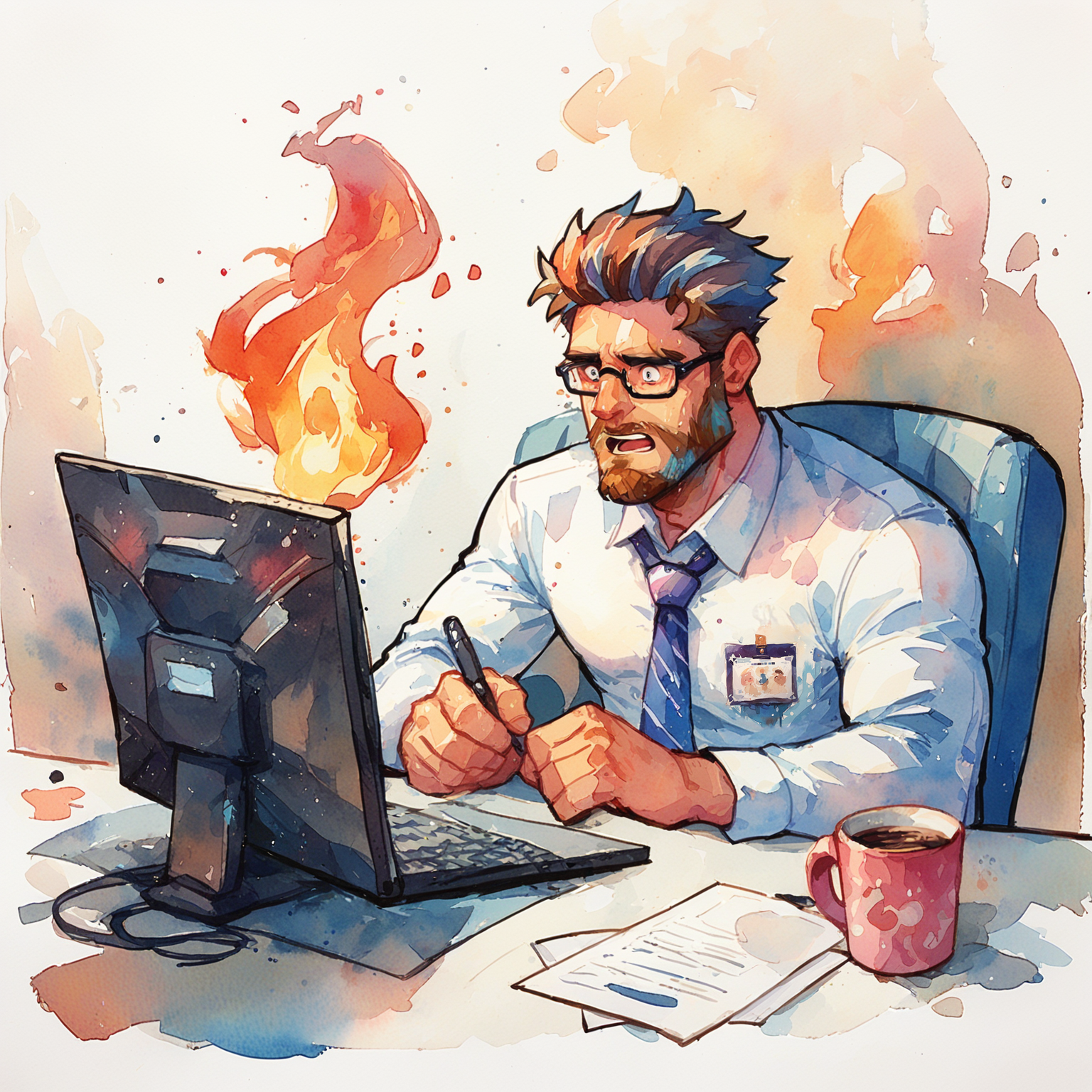 an office man, shocked, sitting at a computer, computer on fire, beard, coffee mug, glasses,
 <lora:ArsMJStylePony_-_Watercolor:1> watercolor,, score_up_9, score_up_8, score_up_7,