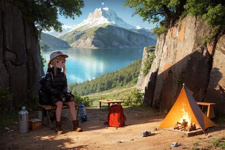 masterpiece, best quality, ultra-detailed, illustration, 1girl, solo, outdoors, camping, night, mountains, nature, stars, moon, bonfire, tent, twin ponytails, green eyes, cheerful, happy, backpack, sleeping bag, camping stove, water bottle, mountain boots, gloves, sweater, hat, flashlight, forest, rocks, river, wood, smoke, shadows, contrast, clear sky, constellations, Milky Way, peaceful, serene, quiet, tranquil, remote, secluded, adventurous, exploration, escape, independence, survival, resourcefulness, challenge, perseverance, stamina, endurance, observation, intuition, adaptability, creativity, imagination, artistry, inspiration, beauty, awe, wonder, gratitude, appreciation, relaxation, enjoyment, rejuvenation, mindfulness, awareness, connection, harmony, balance, texture, detail, realism, depth, perspective, composition, color, light, shadow, reflection, refraction, tone, contrast, foreground, middle ground, background, naturalistic, figurative, representational, impressionistic, expressionistic, abstract, innovative, experimental, unique