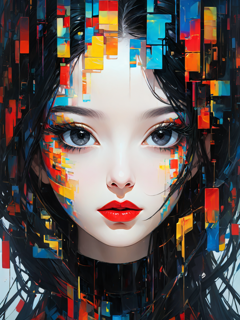 <lora:æéé£:1>,(\gu zhang feng\), 1girl, solo, looking at viewer, red lips, black hair, long hair, portrait, lips, abstract, parted lips, colorful, makeup, nose, black eyes