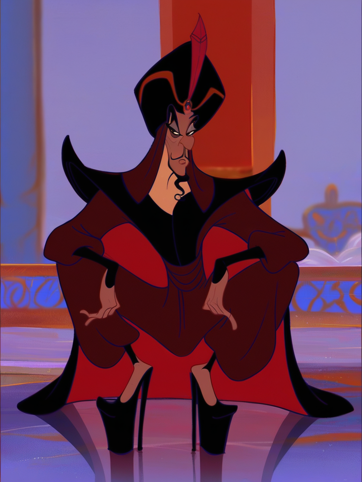 <lora:Jafar:0.9> ja_r, 1boy, brown eyes, twisted black goatee and faint mustache, gray eyeliner, dark skin,
looking at viewer, squatting, front view, spreading legs, platform heels, score_9, score_8_up, score_7_up,