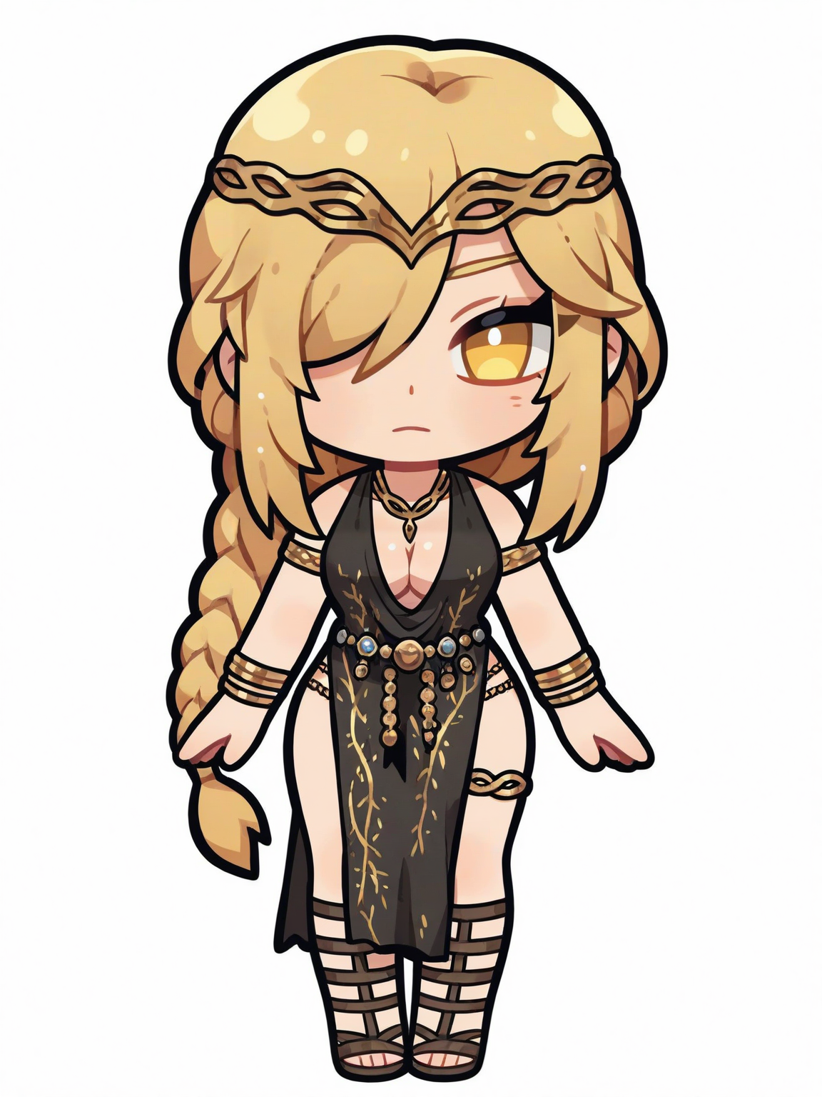 <lora:ER_Marika-IL:0.8> 1girl, solo, ermarika, blonde hair, circlet, armlet, necklace, bracelets, yellow eyes, hair over one eye, braided ponytail, long hair, cleavage, black dress, belt, cowboy shot, gladiator sandals, chibi, full body, white background, masterpiece, best quality, detailed, highres, newest, recent, very as2, very awa
