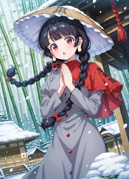 absurdres, highres, masterpiece, best quality, amazing quality, official anime artwork, screencap, anime screencap, snow, dynamic pose,
<lora:Narumi-Yatadera_Illustrious:1> yatadera narumi, 1girl, solo, red eyes, black hair, long hair, twin braids, blunt bangs, long earlobes, small breasts,, brown hat, frilled hat, ajirogasa, red capelet, grey dress, long sleeves, clothes writing, bamboo forest, forest, hands up, house, looking at viewer, nature, open mouth, own hands together, red bow, snow on headwear, snowing, , standing, winter