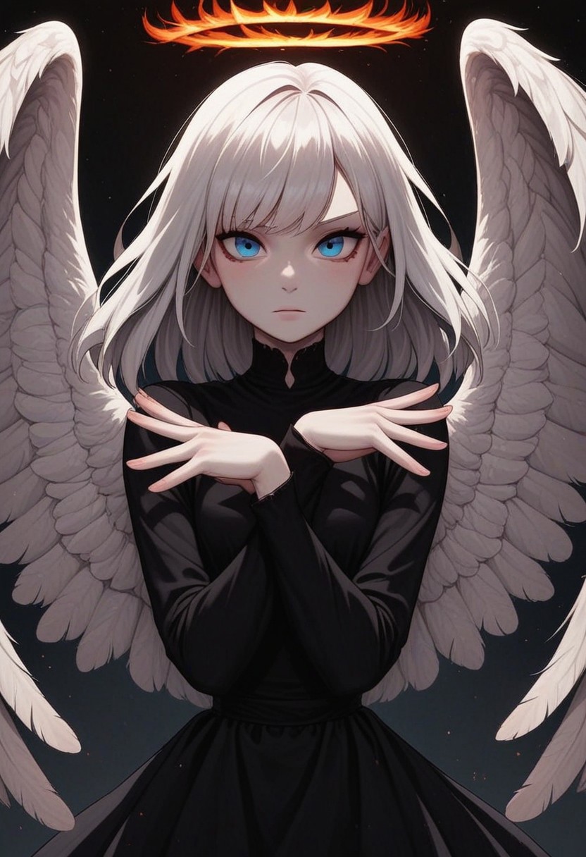 masterpiece, best quality, amazing quality, p0nyd1sney1ncasev1x0n2:1.5, 1girl, 25 years old, perfect face, 
blue eyes, 
white hair, white skin, 
black dress, 
angel wings, white wings, feathered wings, 
x arms, 
fire