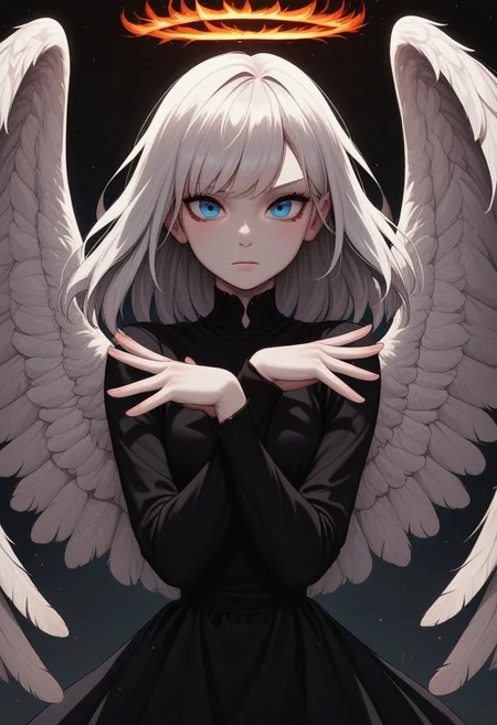 masterpiece, best quality, amazing quality, p0nyd1sney1ncasev1x0n2:1.5, 1girl, 25 years old, perfect face,
blue eyes,
white hair, white skin,
black dress,
angel wings, white wings, feathered wings,
x arms,
fire