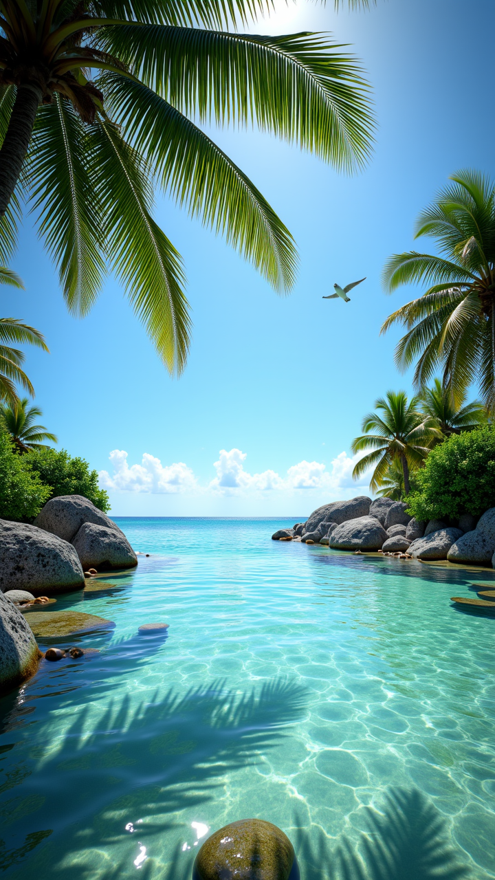 photograph, landscape of a The crystal-clear waters of the Caribbean Sea shimmer in the sunlight, dotted with palm trees and colorful seashells. Palm trees flutter in the gentle breeze, while seagulls cry overhead. Ultra Real, Fujifilm XT3, atmospheric perspective, aidmaimageupgrader