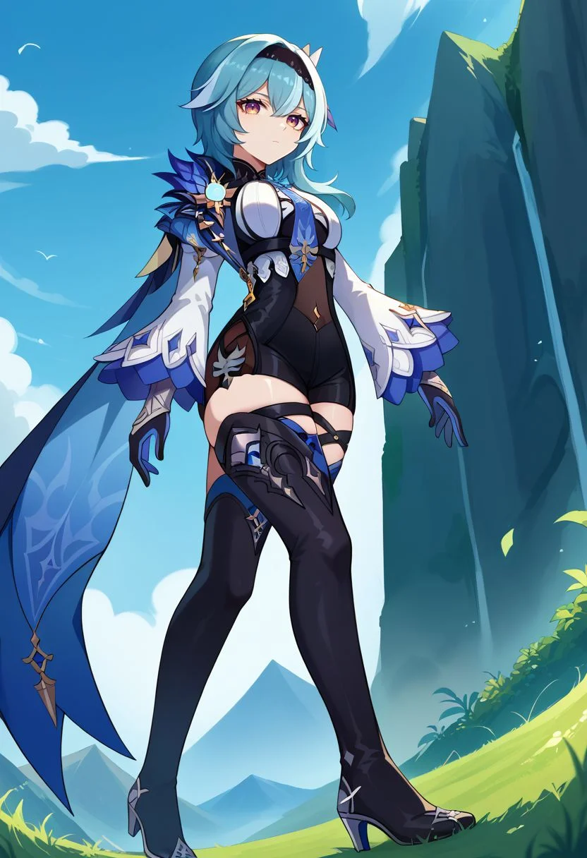 score_9, score_8_up, score_7_up, source_anime, 1girl, euladef, yellow eyes, purple eyes, multicolored eyes, blue hair, medium hair, hair between eyes, sidelocks, black hairband, hair ornament, blue cape, white shirt, black leotard, blue necktie, vision \(genshin impact\), shoulder cutout, puffy long sleeves, wide sleeves, black gloves, blue gloves, clothing cutout, high-waist shorts, thigh strap, black thighhighs, thigh boots, high heels, standing, expressionless, closed mouth, looking at viewer, outdoors, grass, mountain in the background, from below, ((stepped on)), foot up, <lora:Eula_v1-000010:1>