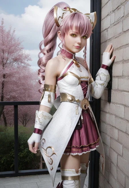 score_9, score_8_up, score_7_up, score_6_up, score_5_up, 1girl, Sakura (FFBE), pink hair, yellow eyes, bangs, hair between eyes, hair ornament, drill hair, sidelocks, ponytail, makeup, lipstick, white clothes, gold trim, skirt, pinks skirt, pleated skirt, frilled skirt, thighhighs, white boots, multicolored footwear, elbow gloves, detcahed sleeves, fingerless glove, bare shoulders, zettai ryouiki, looking at viewer, sexy, female focus, fantasy, face focus, expressive, skindentation, pale, skinny, tiny, clothed female, masterpiece, 32K HD, detailed eyes, wet clothes, shiny skin, showing lots of skin, steamy air, wide lens, perfect eyes, 3d, realistic, photorealistic, textured skin, out doors, clouds, tree