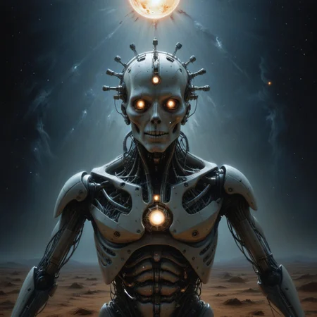 a painting that captures the essence of a poem:
(star fields where machine souls rust under the last of Betelgeuse's light,
it will go nova soon,
Veni, vidi, vici;
When heaviest is the crown of the ghost of a god, will you come out to play;
Use caution when dealing with the fallible tenets of aegis' rimwalkers;
Cyborg religious sects turned loose with the coming of the new dawn,
their prophecies hastily carved into silicon;
Do not despair o' voidwalker, for what happens in the dark is destined to come to light, both now and forever more...),
Andrei Tarkovsky Style page,detailxl,