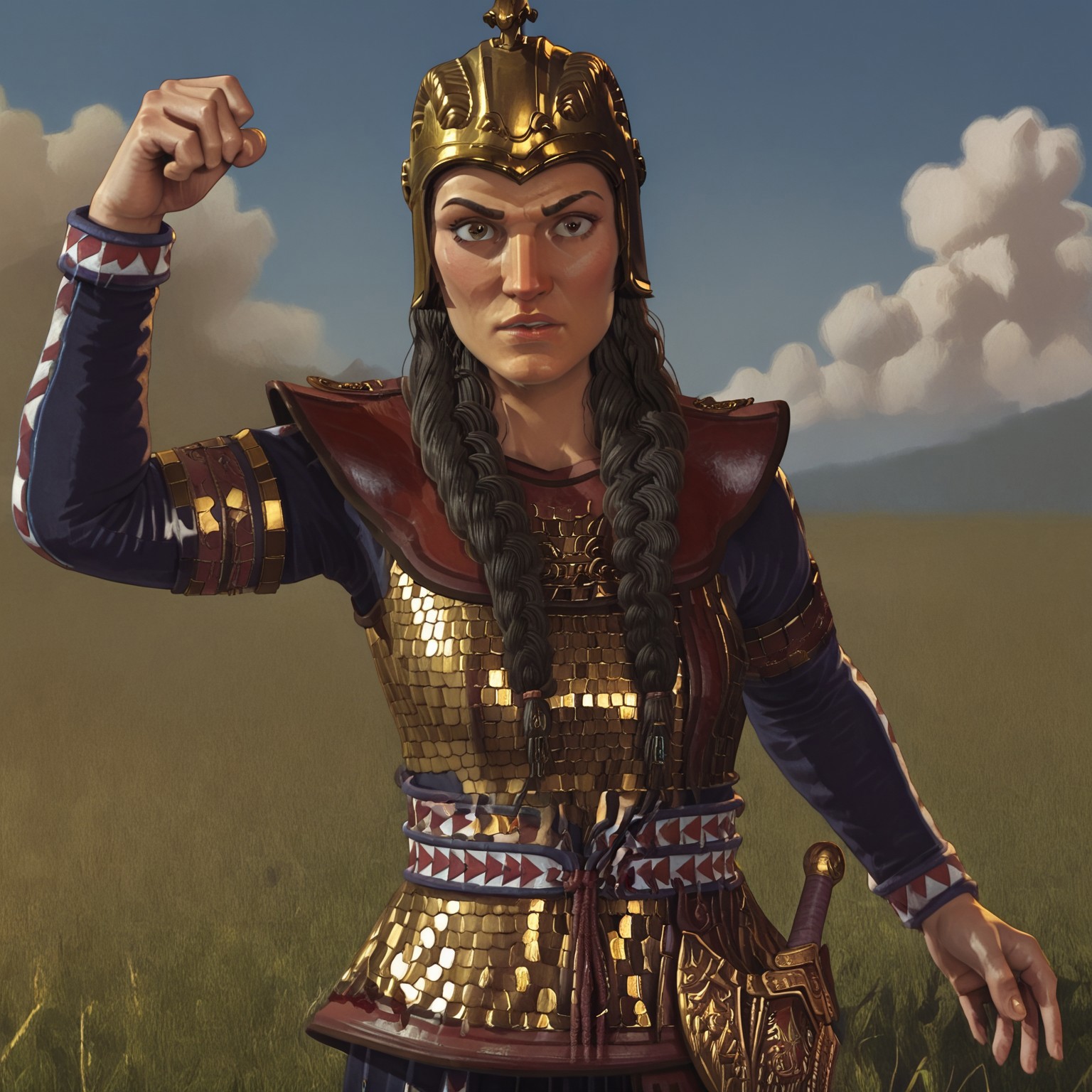 1girl, solo, tomyris, black hair, twin braids, gold helmet, cavalry armor, grassy field, power pose, blue sky with clouds