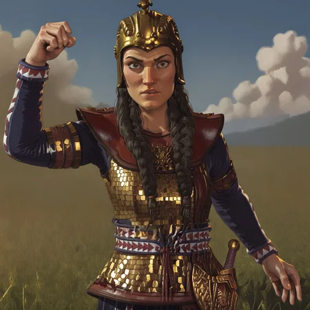 1girl, solo, tomyris, black hair, twin braids, gold helmet, cavalry armor, grassy field, power pose, blue sky with clouds
