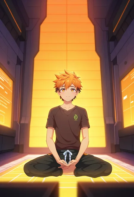 masterpiece, best quality, , anime screencap, anime coloring, , , depth of field, 1boy, solo, male focus, <lora:hiro_akiba_ilxl:0.78>, hiro_akiba, orange hair, orange eyes, short hair, multicolored hair, brown hair, , tech sanctuary, robot temples, data gardens, virtual paths, meditation pose, peaceful expression, artificial lighting, joggers,