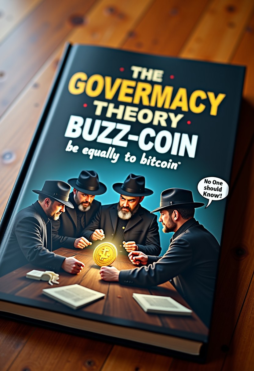 Close up Photo of book. Inscription at the top of the book "Conspiracy Theory, The Government tried to turn 1 buzz-coin be equally to 1 bitcoin" The book is vertically aligned. On the cover there is some of people wearing government black outfit with a black secret agent hat, All of those men on the book cover are gathering around the table with a dim light lighting and office background around them, there is a thought bubble above their head that says "No One should Know !", High quality advertising photo. aidmatextimprover, 
BREAK, 
masterpiece, best quality, ultra-detailed, ultra realistic, 8k, RAW photo, perfect composition, perfect colors, colorful, clear photo, highest resolution, uncanny realism, immaculate micro-details, professional photography, analog photo, shot on Canon EOS 5D VI, Fujicolor Pro, radiant god rays, dreamy haze, Photographers collaboration by Oleg Oprisco and Tim Walker,