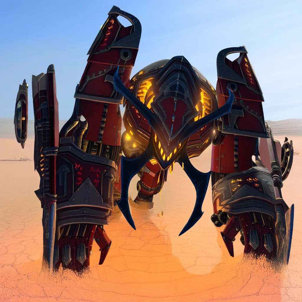 k'daaidestroyer, glowing, weapon, desert, sand, robot, super robot, glowing eyes, blue sky