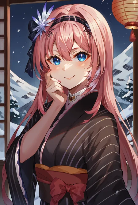 score_9, score_8_up, score_7_up, source_anime BREAK
1girl, smile, closed mouth, indoors, east asian architecture, window, standing, night sky, dark, nature, full body, snow, mountain, looking at viewer, hand on own cheek, upper body, hand on own chest
<lora:TakaneLuiXL-3:1>
lui-newyr, vertical-striped kimono, (black kimono), long hair, hair flower, pink nails
<lora:Smooth Anime Night:1.2>