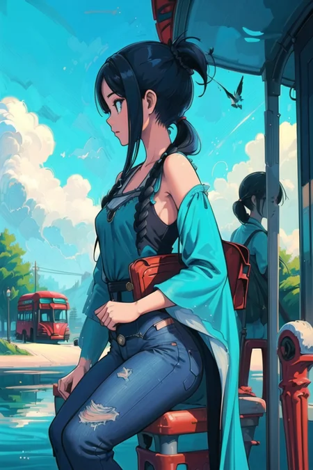 girl, (hotify:1.2), (fantasy:1.4), (Dawn,Bus Stop Background:1.4),Hourglass Figure,Voluptuous,(spread legs),Long Hair,Pigtails,(aquamarine Kaftan,scarlet Jeans:1.3),azur lane,Leggings ,(masterpiece,detailed,highres:1.4) <lora:whale:0.6>